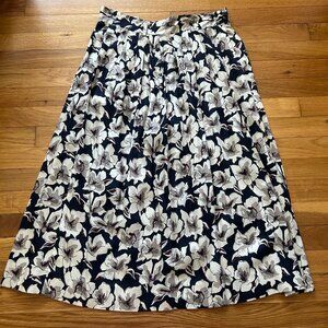 Vintage Floral Pleated Midi Skirt Navy Blue & Cream High-Waist A-Line